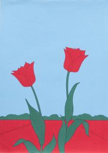 Rode tulpen in blauwe lucht.