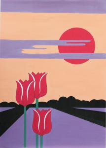 3 rood/witte tulpen bij opkomende zon.